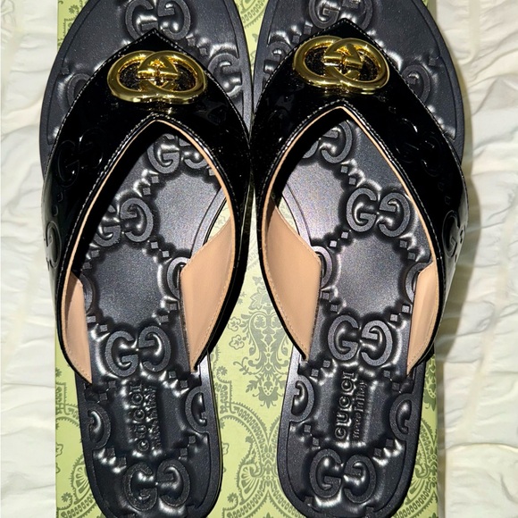 Gucci Black and Gold Embossed Sandals - Picture 1 of 3